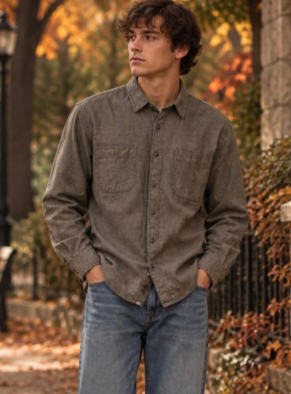 American Rag snap front long sleeve Western preppy workwear brown fall cotton XL